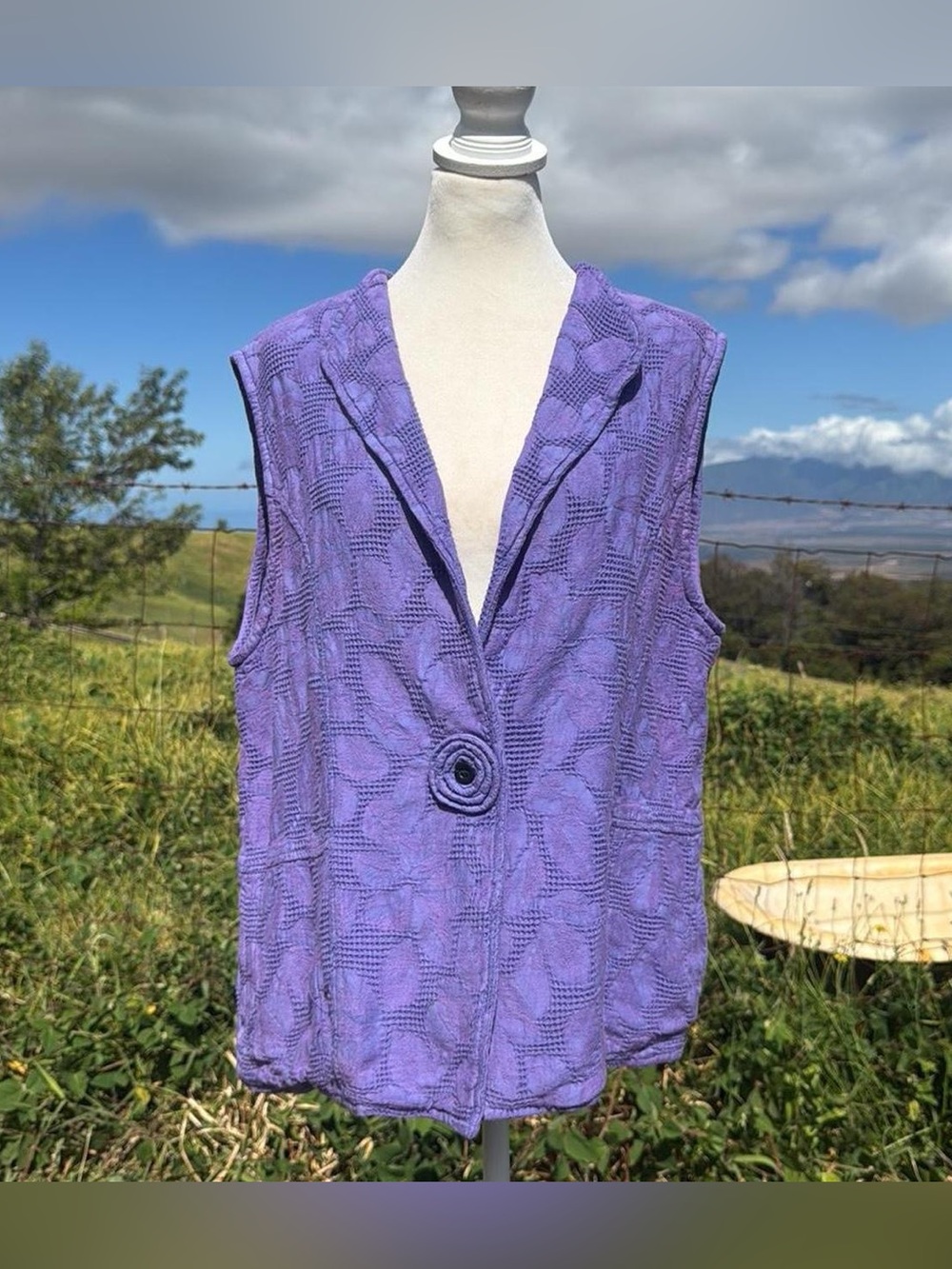 Vintage Laganlook Boho Eucalyptus Purple Blue Woven Flower Vest